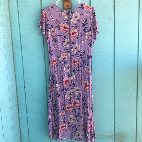Purple Floral Midi Faux Wrap Dress - Picture 7 of 8
